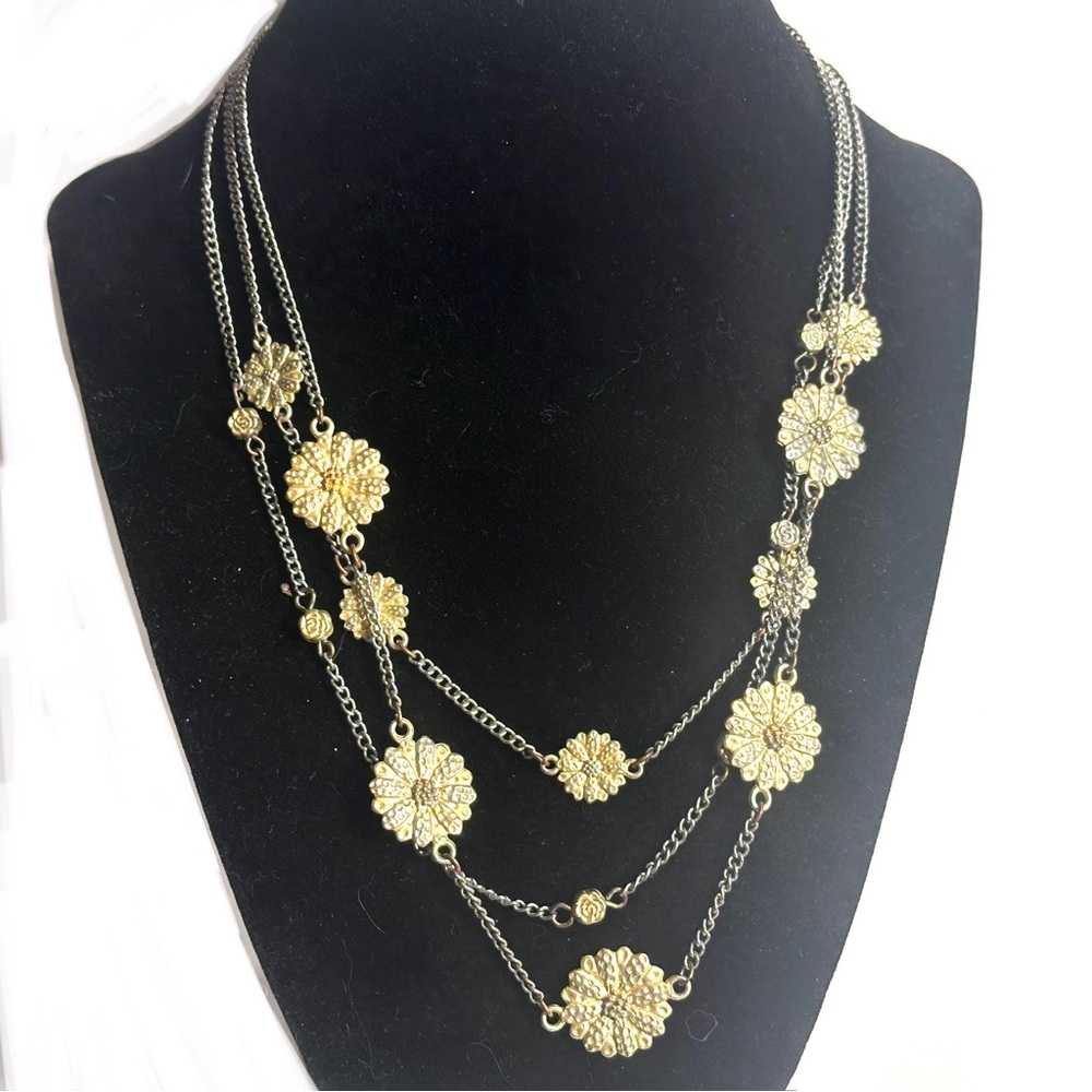 Layered Gold Tone Dimpled Flower Charm Station Necklace 18-19 inch